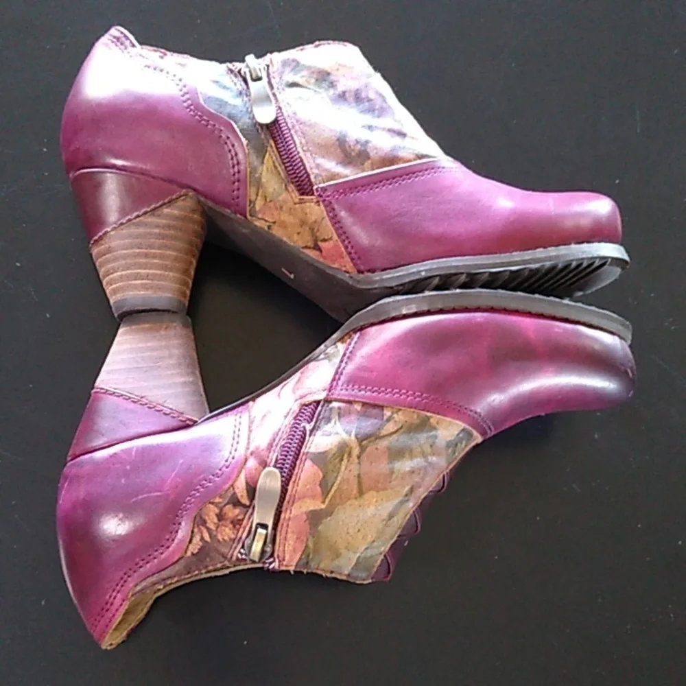 ELITE BY CORKY LEATHER ANKLE BOOTS SIZE 7 side zip plum floral color LIKE NEW - Picture 7 of 15